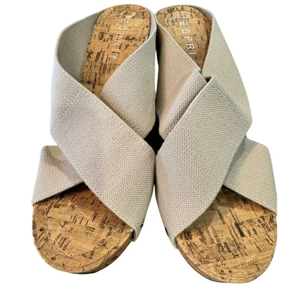 Esprit Wedge Sandals Cork Platform Cross Strap Slides Beige Casual Size‎ 9.5
